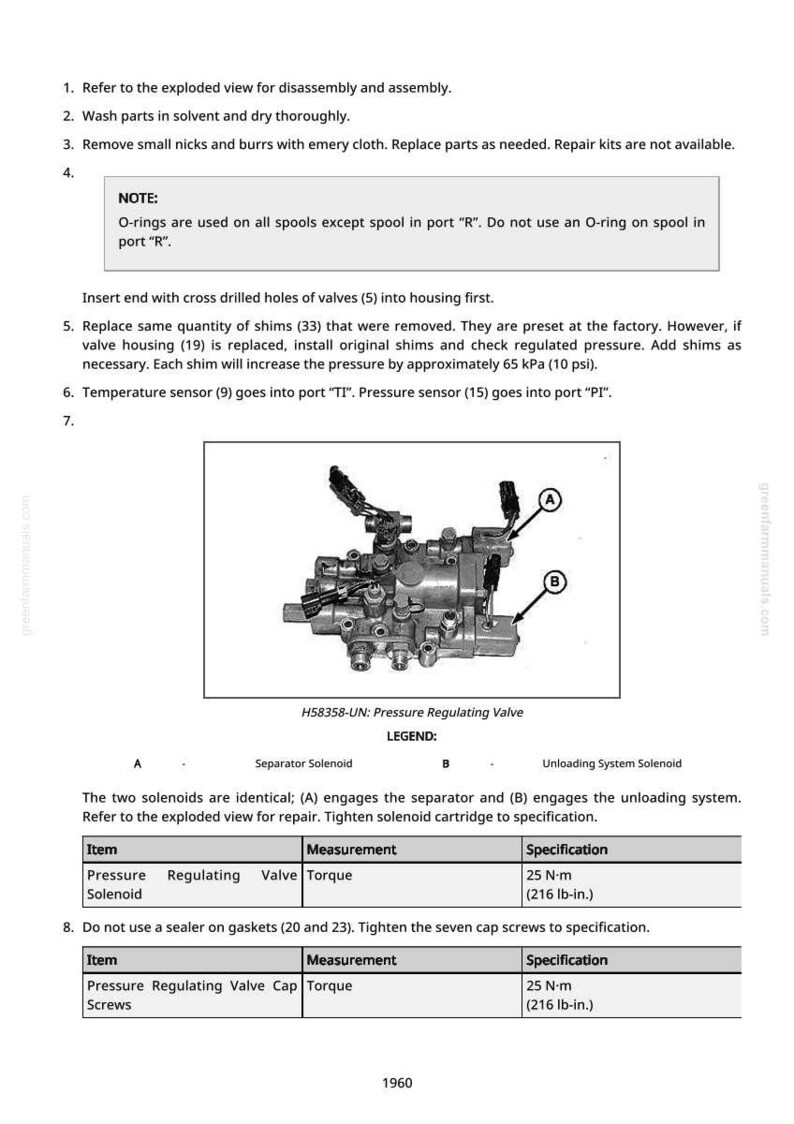 Puede incluir: Imagen de una v&aacute;lvula reguladora de presi&oacute;n con texto y diagramas. La v&aacute;lvula tiene m&uacute;ltiples puertos y solenoides, con una leyenda que indica los solenoides del separador y del sistema de descarga. Las especificaciones incluyen un par de 25 N-m.
