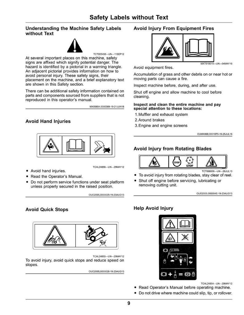 May include: An operator's manual page featuring safety labels with warnings and instructions. The labels use pictograms and text to highlight potential dangers, such as fire, hand injuries, and quick stops. The manual offers guidance on avoiding injury.