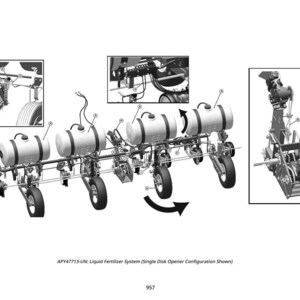 May include: Diagram of a liquid fertilizer system with multiple tanks, wheels, and mechanical components. The system includes a single disk opener configuration. The image is in black and white.