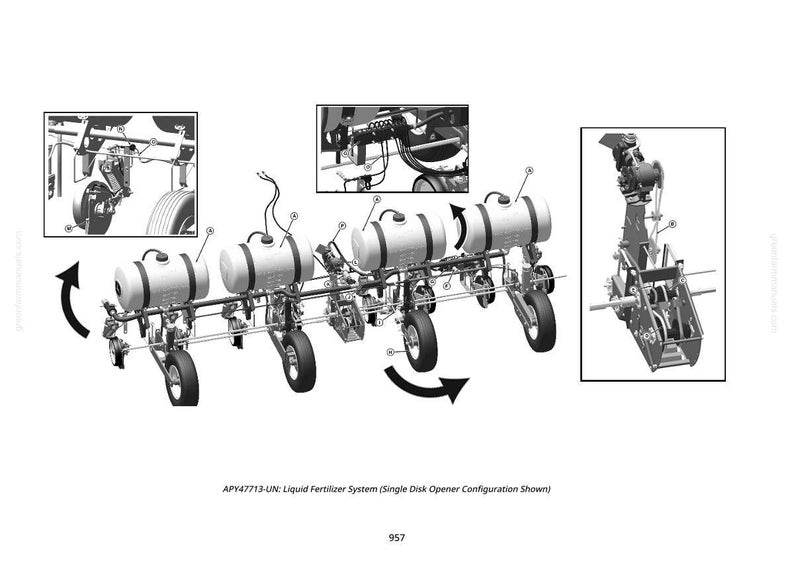 May include: Diagram of a liquid fertilizer system with multiple tanks, wheels, and mechanical components. The system includes a single disk opener configuration. The image is in black and white.