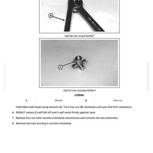 May include: Diagram showing the installation of a RIVNUT. The image includes a wrench and a hex nut, with labels A, B, and C. The text provides instructions for the installation process.