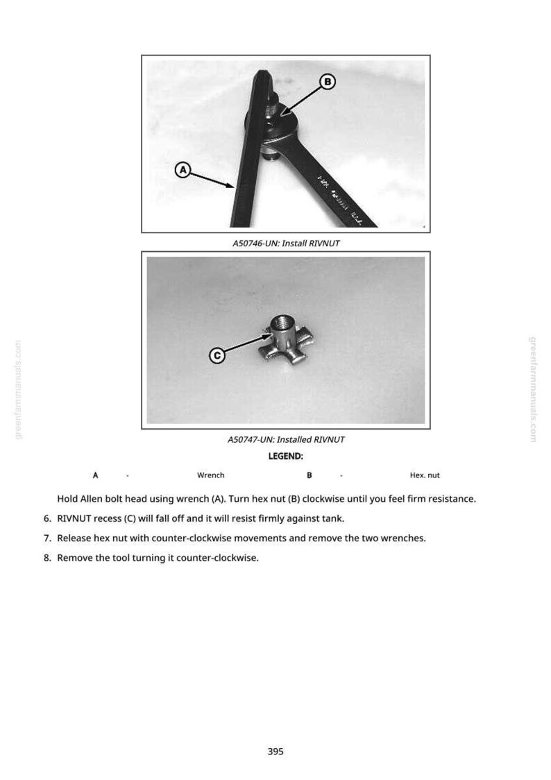 May include: Diagram showing the installation of a RIVNUT. The image includes a wrench and a hex nut, with labels A, B, and C. The text provides instructions for the installation process.