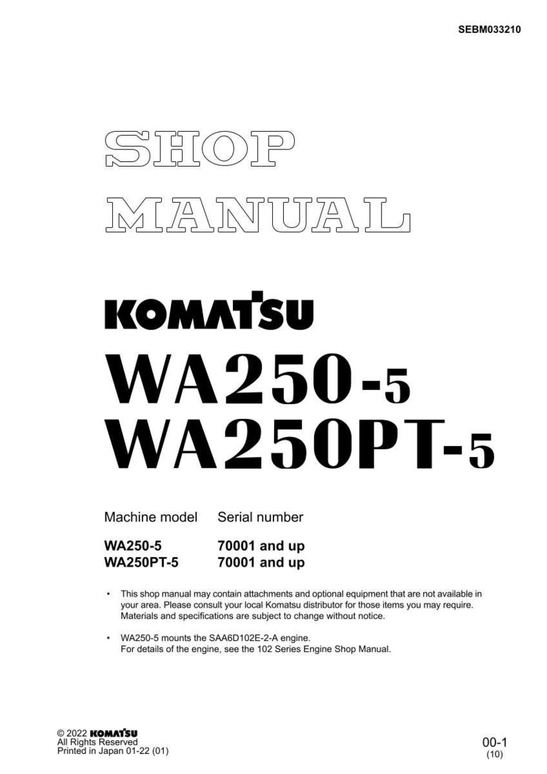 May include: A white shop manual with the text "SHOP MANUAL" at the top. Below, the Komatsu logo and model numbers WA250-5 and WA250PT-5 are displayed in black. Additional text provides machine model and serial number details.
