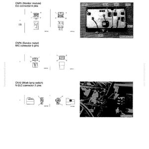 Puede incluir: Diagrama de conectores el&eacute;ctricos, incluyendo CNP5 (m&oacute;dulo monitor), CNP6 (medidor de servicio) y CN12 (interruptor de l&aacute;mpara de trabajo). La imagen muestra ilustraciones detalladas de los conectores y sus configuraciones de pines.