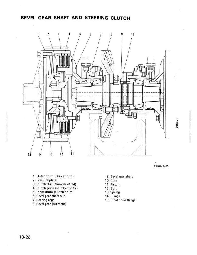 May include: Technical diagram illustrating a bevel gear shaft and steering clutch. The diagram includes labeled parts such as the outer drum, pressure plate, and clutch discs. The title at the top reads "BEVEL GEAR SHAFT AND STEERING CLUTCH".