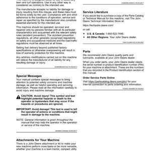 May include: A page from a John Deere machine manual with the title "Introduction." The text details machine use, service literature, parts, and attachments. Includes safety warnings and contact information.