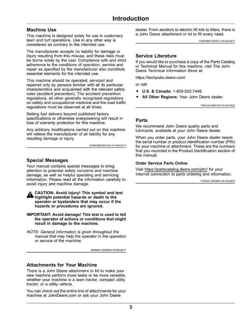 May include: A page from a John Deere machine manual with the title "Introduction." The text details machine use, service literature, parts, and attachments. Includes safety warnings and contact information.