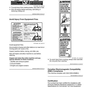 May include: Safety labels text with warnings about avoiding injury from rotating blades, crushing, and equipment fires. Includes instructions to use seat belts and maintain the equipment. The document is certified for compliance.