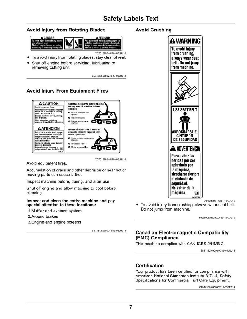 May include: Safety labels text with warnings about avoiding injury from rotating blades, crushing, and equipment fires. Includes instructions to use seat belts and maintain the equipment. The document is certified for compliance.