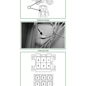 May include: Technical diagrams showing a combine harvester and electrical connector details. The diagrams include top and front views of the machine, a close-up of a connector, and an end view of a connector with numbered pin positions.