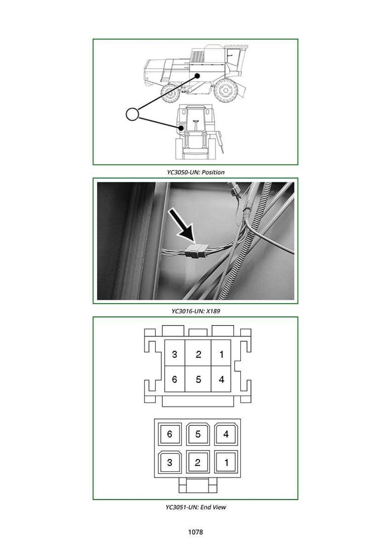 May include: Technical diagrams showing a combine harvester and electrical connector details. The diagrams include top and front views of the machine, a close-up of a connector, and an end view of a connector with numbered pin positions.