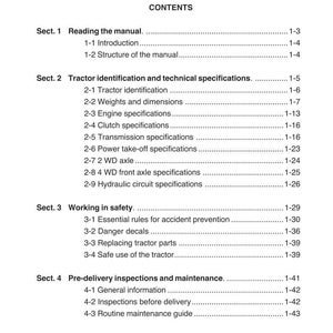 May include: A white and black manual page titled "INTRODUCTION" and "CHAP. 1 CONTENTS". The manual sections include "Reading the manual", "Tractor identification and technical specifications", "Working in safety", and "Pre-delivery inspections and maintenance".