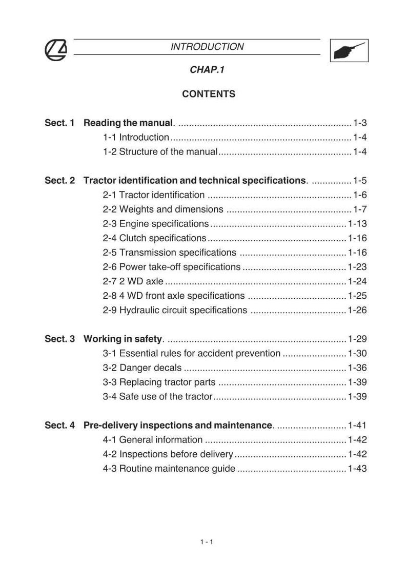 May include: A white and black manual page titled "INTRODUCTION" and "CHAP. 1 CONTENTS". The manual sections include "Reading the manual", "Tractor identification and technical specifications", "Working in safety", and "Pre-delivery inspections and maintenance".