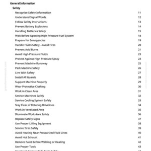 May include: A printed page titled "Table of Contents" from a manual. The table lists safety topics such as "Prevent Battery Explosions" and "Avoid High-Pressure Fluids". The page number is 2.