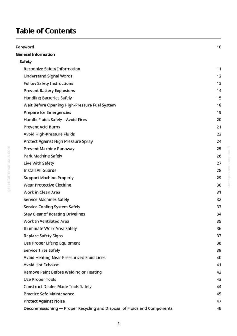 May include: A printed page titled "Table of Contents" from a manual. The table lists safety topics such as "Prevent Battery Explosions" and "Avoid High-Pressure Fluids". The page number is 2.