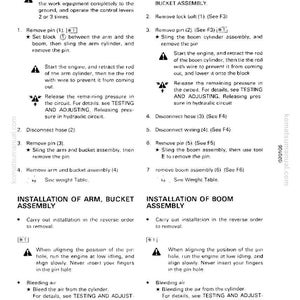 May include: A detailed technical manual page with instructions for removing and installing arm and bucket assemblies, and boom assemblies. The page includes diagrams, safety warnings, and step-by-step procedures for heavy equipment maintenance.