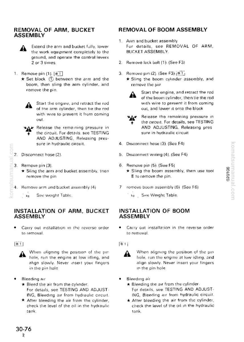 May include: A detailed technical manual page with instructions for removing and installing arm and bucket assemblies, and boom assemblies. The page includes diagrams, safety warnings, and step-by-step procedures for heavy equipment maintenance.
