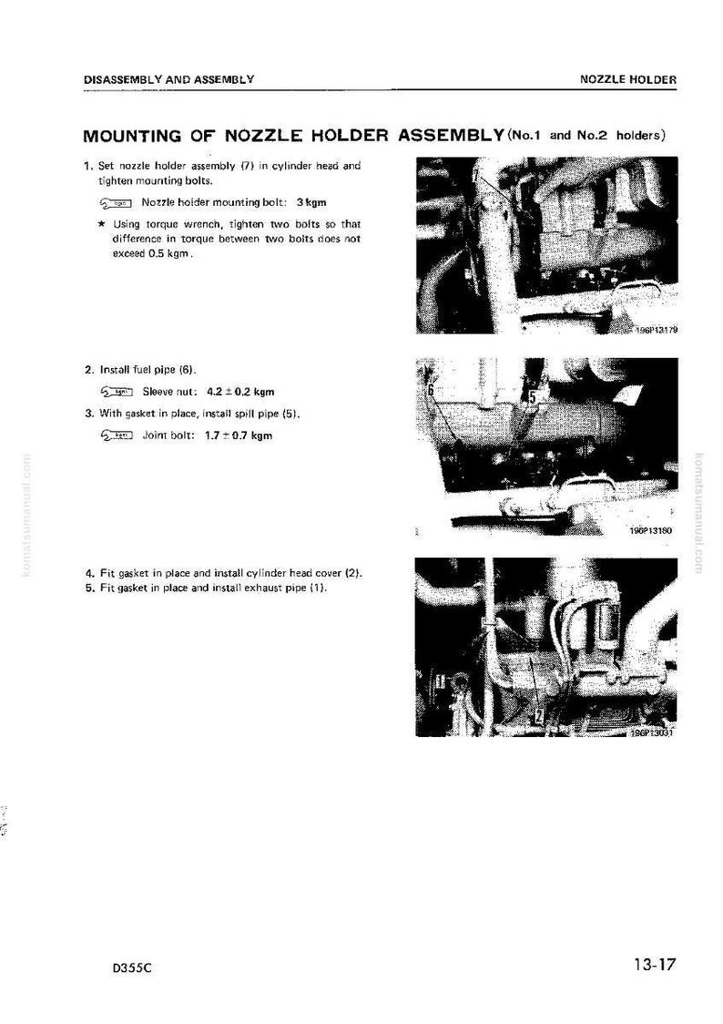 K&ouml;nnte beinhalten: Eine schwarz-wei&szlig;e technische Zeichnung, die die Montage einer D&uuml;senhalterbaugruppe zeigt. Die Zeichnung enth&auml;lt Text und Bilder, die die Installationsschritte detailliert beschreiben, einschlie&szlig;lich des Anziehens von Schrauben und des Einbaus von Rohren. Der Text enth&auml;lt Messungen in kgm.