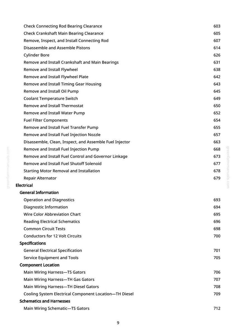 Pode incluir: Uma p&aacute;gina de manual com uma lista de procedimentos de reparo automotivo, incluindo "Verificar folga do rolamento da biela" e "Remover e instalar o volante". A p&aacute;gina tamb&eacute;m inclui se&ccedil;&otilde;es sobre sistemas el&eacute;tricos e localiza&ccedil;&atilde;o de componentes. P&aacute;gina 9.
