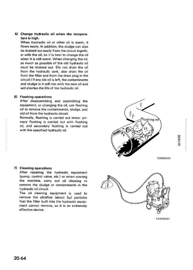 May include: A page from a manual with text and diagrams about hydraulic oil maintenance. The diagrams show oil flow and cleaning equipment. The text describes changing, flushing, and cleaning procedures.