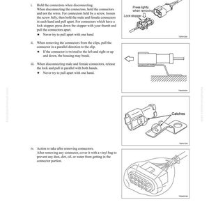 May include: Diagrams and instructions for disconnecting connectors, including illustrations of the process. The text includes steps for holding connectors, removing clips, and releasing locks. The diagrams show the parts and how they fit together.