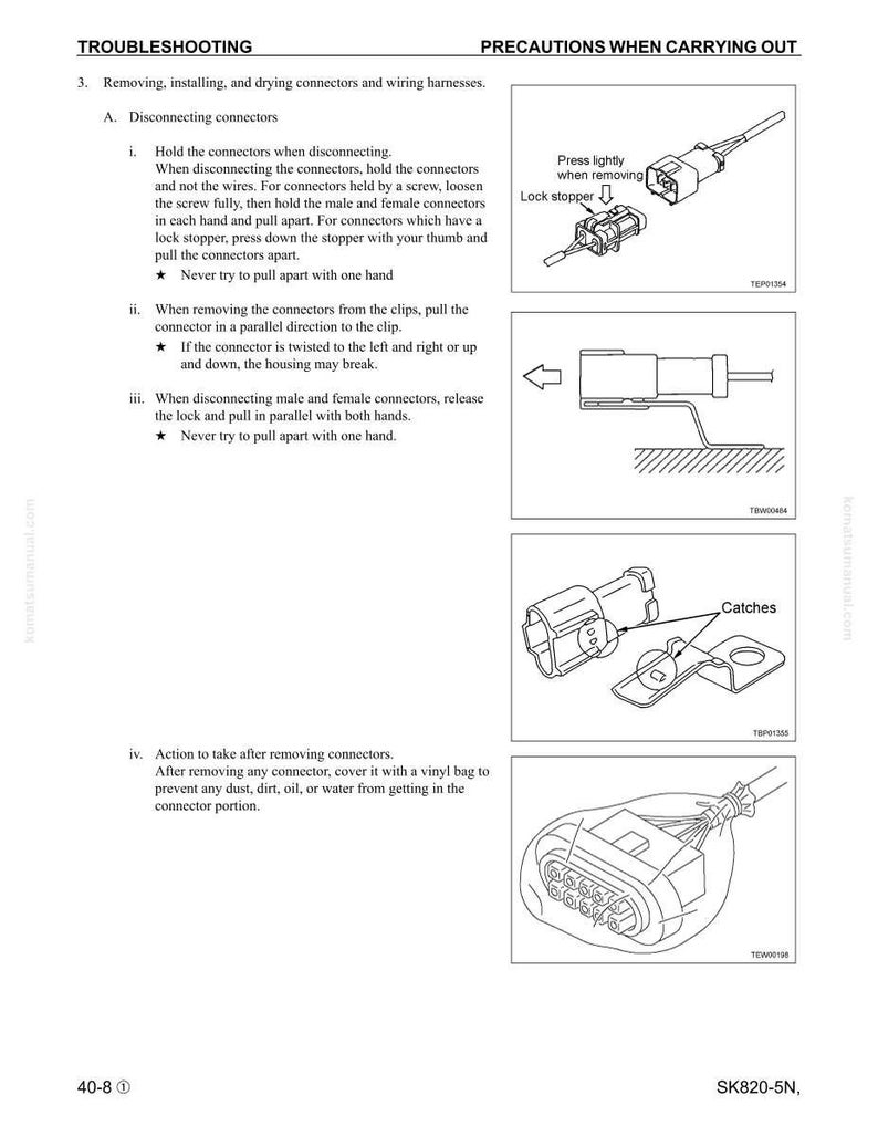 May include: Diagrams and instructions for disconnecting connectors, including illustrations of the process. The text includes steps for holding connectors, removing clips, and releasing locks. The diagrams show the parts and how they fit together.