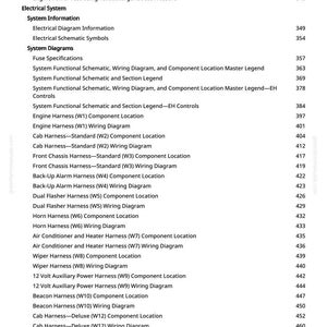 May include: A detailed table of contents from a manual for a 2.4L & 3.0L diesel engine, including tests, electrical system information, and system diagrams. The document lists various harness locations and wiring diagrams.