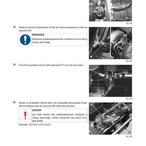 May include: Technical diagram with instructions for automotive repair. The image includes detailed illustrations of engine components, labeled with numbers and arrows. Text in French provides step-by-step guidance for maintenance procedures, including tightening specifications.