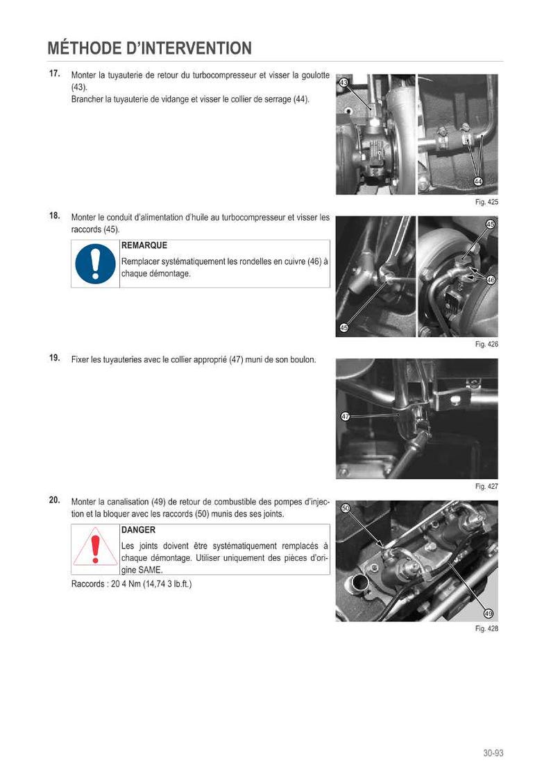 May include: Technical diagram with instructions for automotive repair. The image includes detailed illustrations of engine components, labeled with numbers and arrows. Text in French provides step-by-step guidance for maintenance procedures, including tightening specifications.