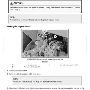 May include: Diagram showing how to check a hydraulic system's hitch valve and stepper motor. The image includes safety warnings, notes, and numbered instructions. The text includes the model number LX1036677.