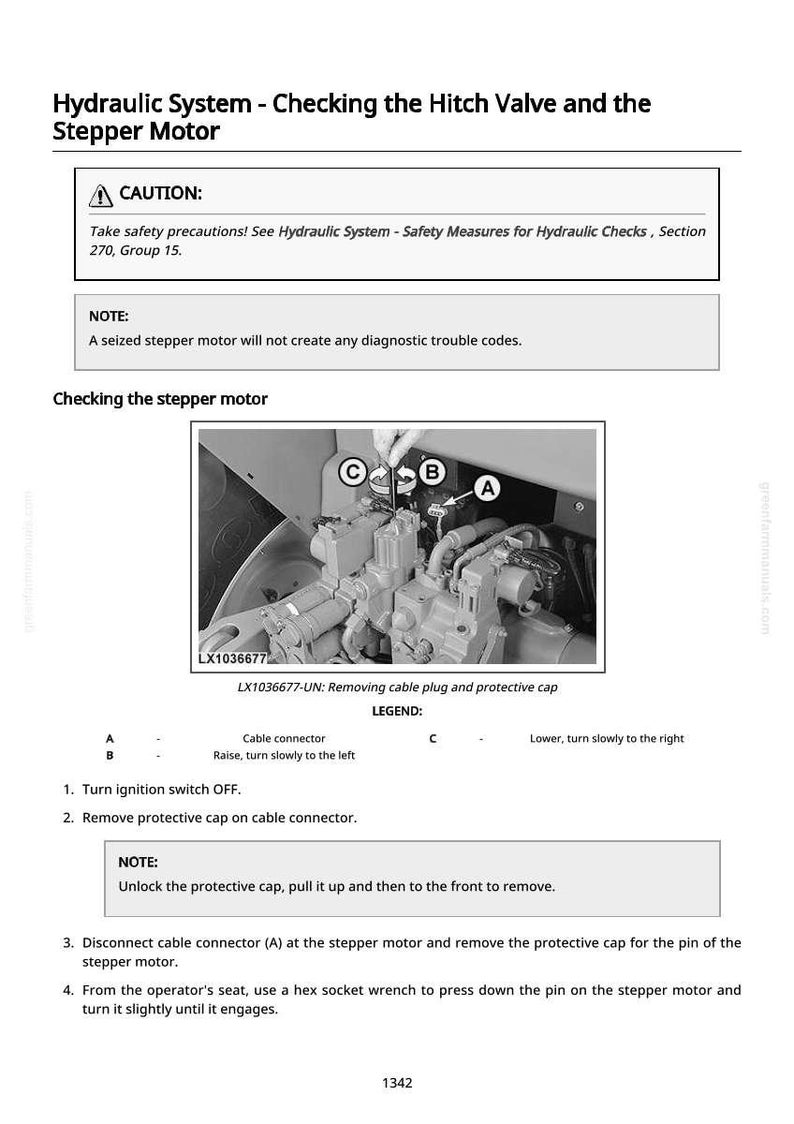 May include: Diagram showing how to check a hydraulic system's hitch valve and stepper motor. The image includes safety warnings, notes, and numbered instructions. The text includes the model number LX1036677.