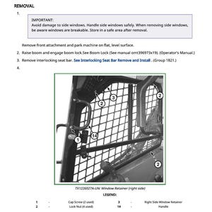Puede incluir: Diagrama que ilustra el proceso de extracci&oacute;n e instalaci&oacute;n de la ventanilla lateral. La imagen incluye pasos numerados, una leyenda con descripciones de piezas y una advertencia de seguridad. El texto dice "Side Window Remove and Install".