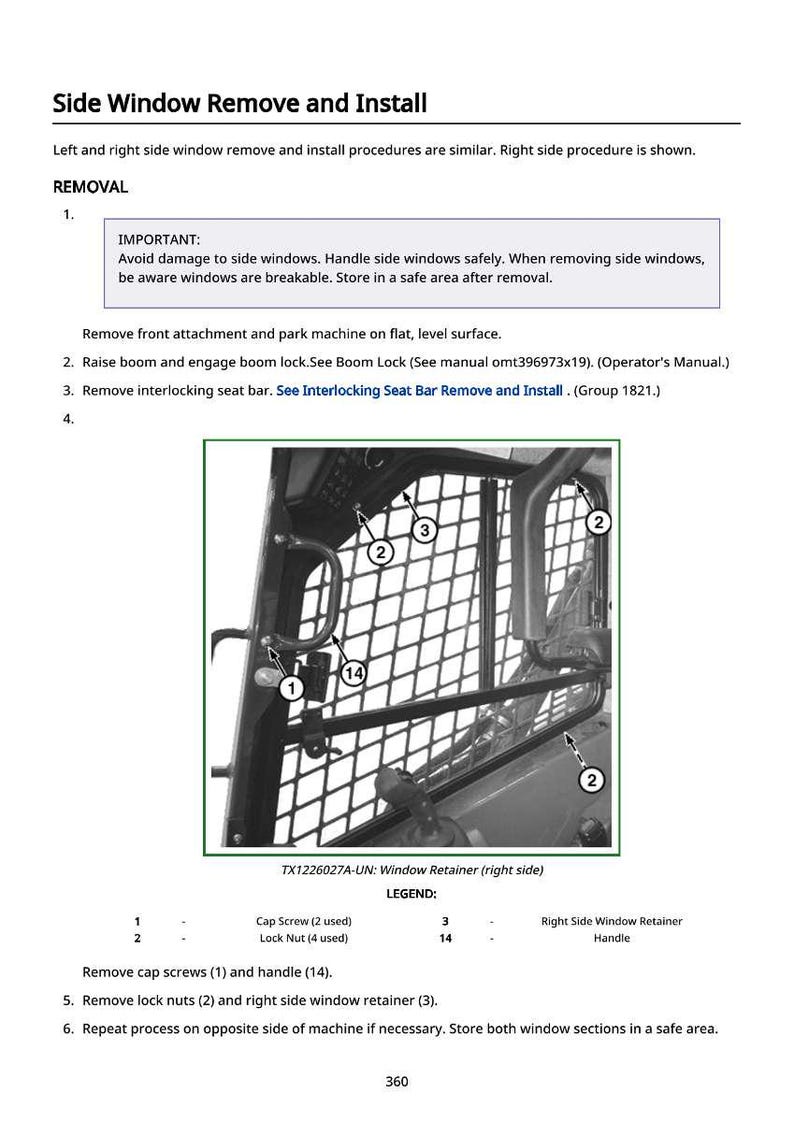 Puede incluir: Diagrama que ilustra el proceso de extracci&oacute;n e instalaci&oacute;n de la ventanilla lateral. La imagen incluye pasos numerados, una leyenda con descripciones de piezas y una advertencia de seguridad. El texto dice "Side Window Remove and Install".