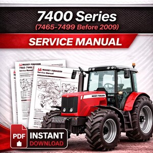 May include: Red Massey Ferguson 7400 Series tractor with large black tires, a service manual, and the text "PDF Instant Download." The manual includes diagrams and the Massey Ferguson logo.