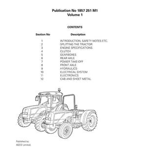 May include: A white manual titled "3300 Series Tractor Workshop Manual" with a line drawing of a tractor. The manual includes a table of contents with sections on engine specifications, hydraulics, and electrical systems. Published by AGCO Limited.