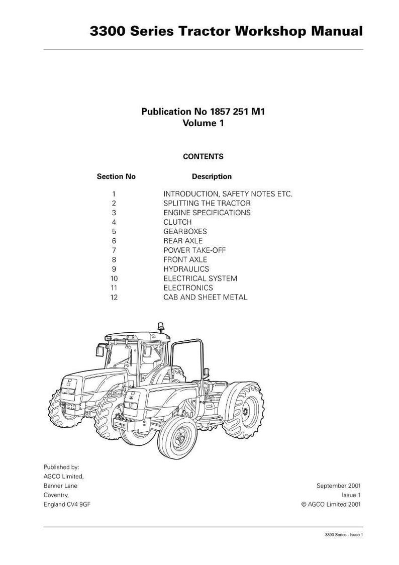 May include: A white manual titled "3300 Series Tractor Workshop Manual" with a line drawing of a tractor. The manual includes a table of contents with sections on engine specifications, hydraulics, and electrical systems. Published by AGCO Limited.