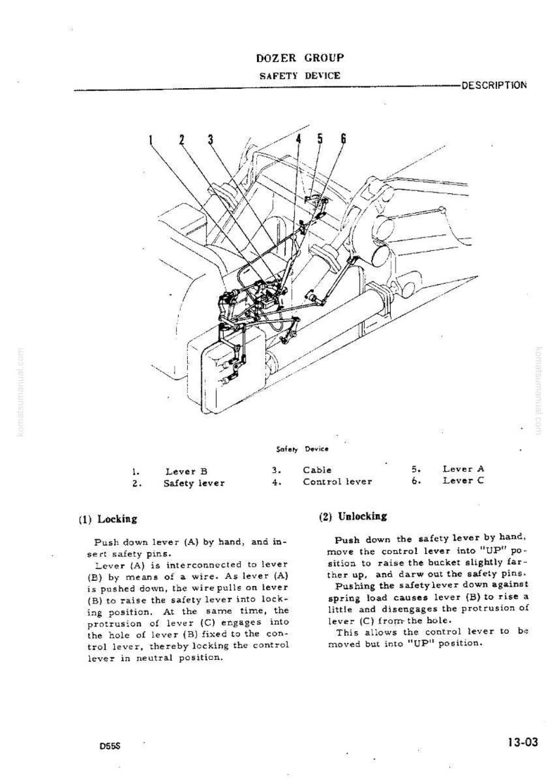 Pu&ograve; includere: Diagramma tecnico di un dispositivo di sicurezza per gruppo bulldozer, con leve, cavi e perni di sicurezza. L'immagine include etichette per i componenti e istruzioni per il bloccaggio e lo sbloccaggio. Il testo include il titolo "DOZER GROUP SAFETY DEVICE".