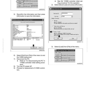 Puede incluir: Una p&aacute;gina de un manual que muestra los pasos para ajustar la configuraci&oacute;n de un controlador VHMS. Los pasos incluyen guardar, cargar y salir de la herramienta, con capturas de pantalla de la interfaz.