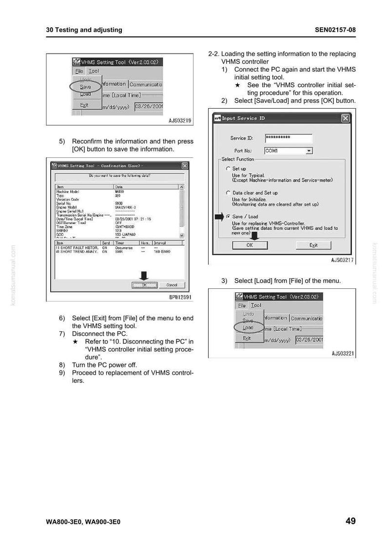 Puede incluir: Una p&aacute;gina de un manual que muestra los pasos para ajustar la configuraci&oacute;n de un controlador VHMS. Los pasos incluyen guardar, cargar y salir de la herramienta, con capturas de pantalla de la interfaz.