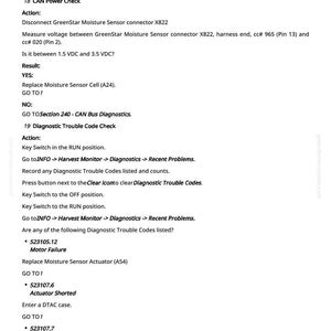 Op de afbeelding: Een wit document met zwarte tekst met details over diagnostische foutcodes en acties voor een GreenStar Moisture Sensor. Bevat instructies voor stroomcontroles en probleemoplossingsstappen. Het document is van greenfarnimanuals.com.