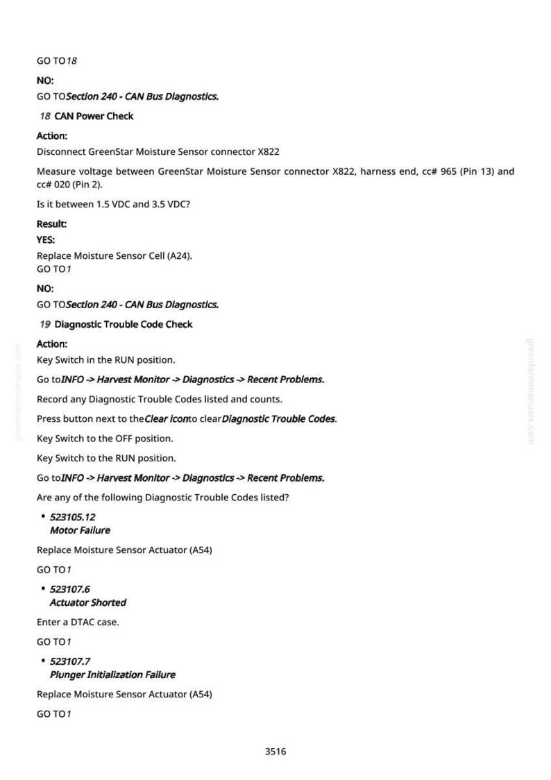 Op de afbeelding: Een wit document met zwarte tekst met details over diagnostische foutcodes en acties voor een GreenStar Moisture Sensor. Bevat instructies voor stroomcontroles en probleemoplossingsstappen. Het document is van greenfarnimanuals.com.