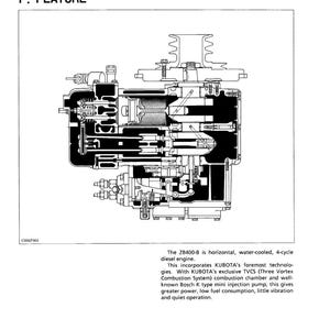 May include: Diagram of a ZB400-B horizontal, water-cooled, 4-cycle diesel engine. The image includes the text "F. FEATURE" and technical details about the engine's components and features. The diagram is a detailed illustration.