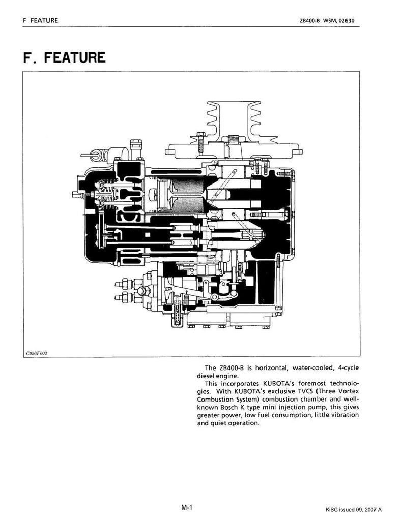 May include: Diagram of a ZB400-B horizontal, water-cooled, 4-cycle diesel engine. The image includes the text "F. FEATURE" and technical details about the engine's components and features. The diagram is a detailed illustration.