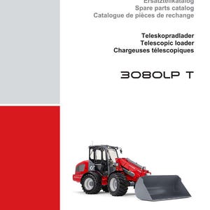 May include: A red and gray telescopic loader, model RL50, with a large bucket. The image includes the Weidemann logo and text in multiple languages: German, English, and French. The catalog is labeled "3080LP T".