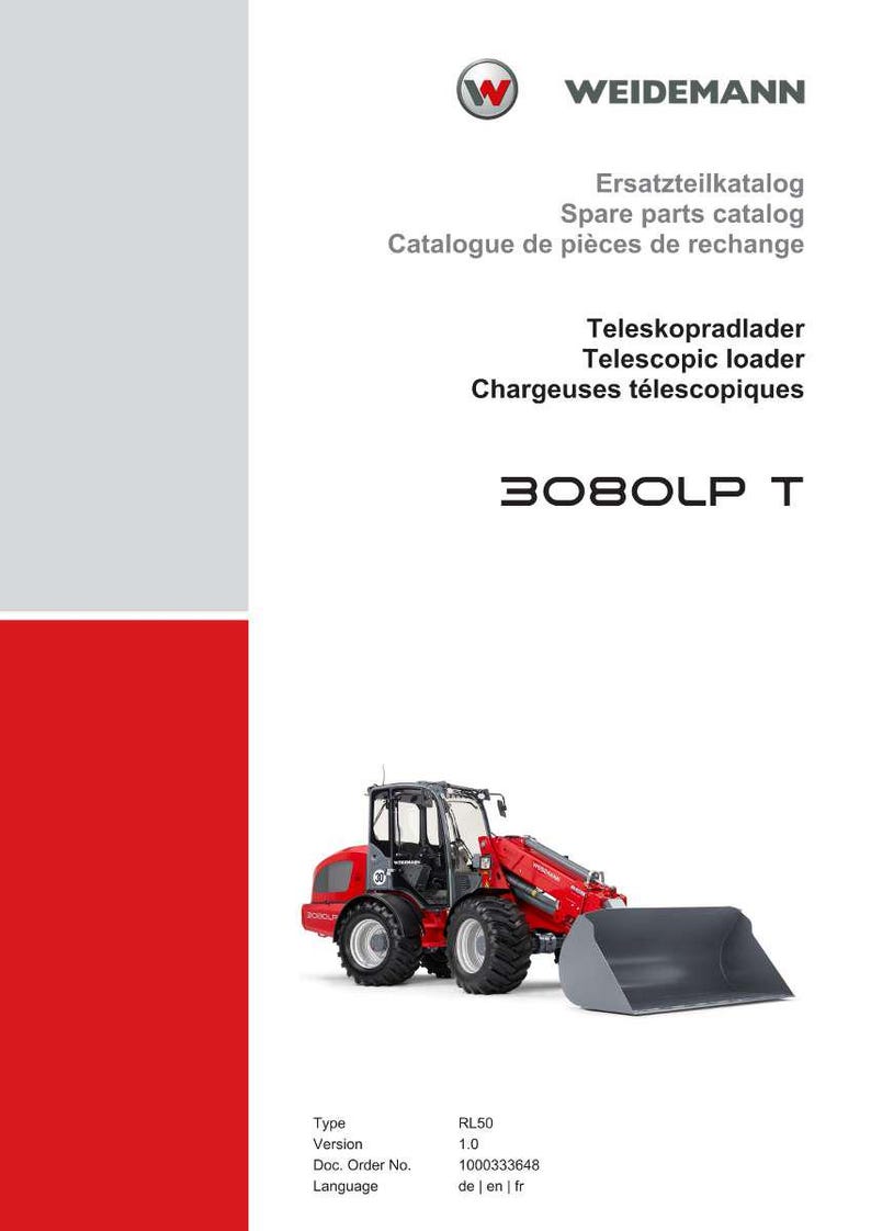 May include: A red and gray telescopic loader, model RL50, with a large bucket. The image includes the Weidemann logo and text in multiple languages: German, English, and French. The catalog is labeled "3080LP T".