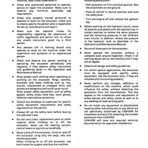 May include: A page of safety instructions for an excavator, with bullet points detailing operational and maintenance guidelines. Text includes warnings about authorized personnel, proper clothing, and safety equipment.