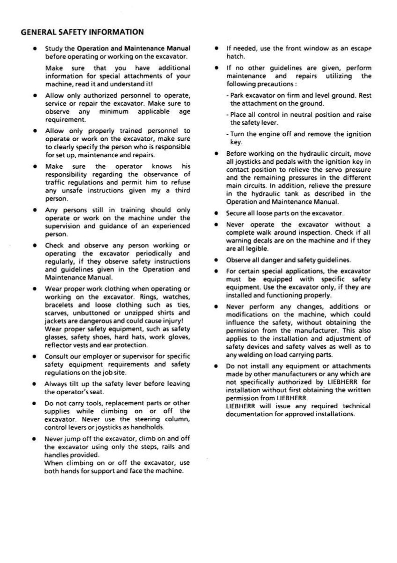 May include: A page of safety instructions for an excavator, with bullet points detailing operational and maintenance guidelines. Text includes warnings about authorized personnel, proper clothing, and safety equipment.