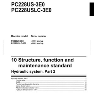 Op de afbeelding: Werkplaatshandboek voor een hydraulische graafmachine, modellen PC228US-3E0 en PC228USLC-3E0. De handleiding behandelt structuur, functie en onderhoudsnormen voor het hydraulisch systeem, deel 2.