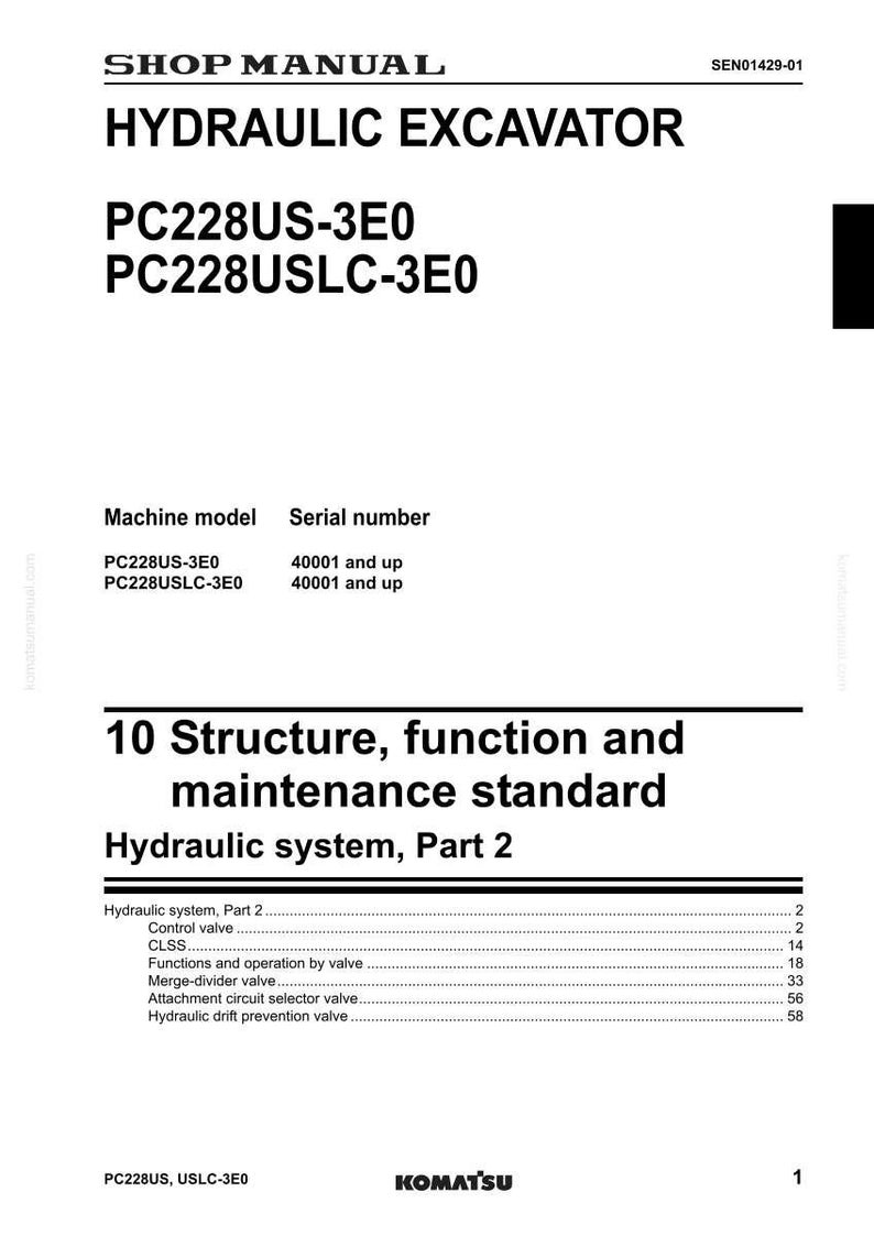 Op de afbeelding: Werkplaatshandboek voor een hydraulische graafmachine, modellen PC228US-3E0 en PC228USLC-3E0. De handleiding behandelt structuur, functie en onderhoudsnormen voor het hydraulisch systeem, deel 2.