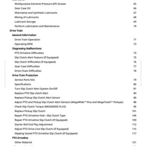 Puede incluir: Un &iacute;ndice detallado de un manual, que enumera las recomendaciones de servicio, la informaci&oacute;n general, los lubricantes, la transmisi&oacute;n y los temas de la toma de fuerza. El texto es negro sobre un fondo blanco.